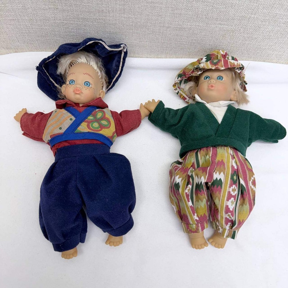 Vintage Soft Body Vinyl Face Dolls Pair Blue Eyes Blonde Hair 8 Inch Folk Style